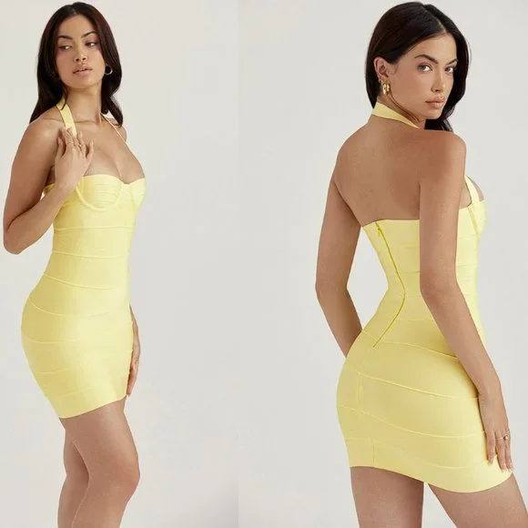HOUSE OF CB 'Maliha' Buttercup Bandage Halter Mini Dress NWOT